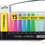 STABILO BOSS ORIGINAL Desk-Set 15 colori – Evidenziatori Neon e Pastello con Base Organizer