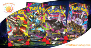 Set completo di quattro bustine Pokémon Megaevoluzione – Buio Pesto con artwork di Mega Darkrai-ex, Mega Zeraora-ex, Mega Chandelure-ex e Mega Excadrill-ex
